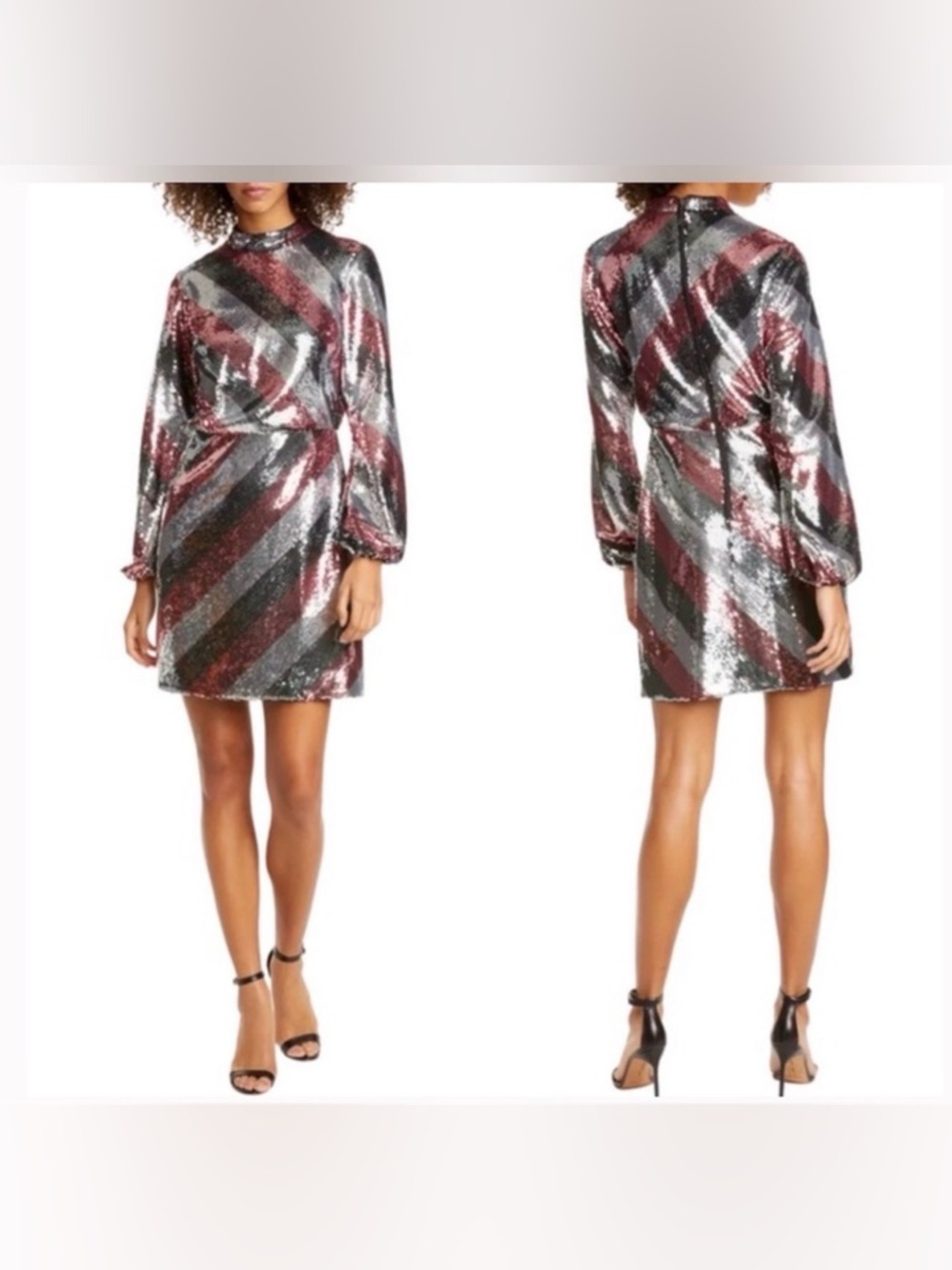 Ted Baker Diagonal Sequin Long-Sleeve Mini Dress - Silver & Burgundy